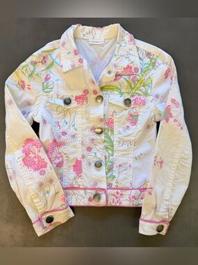 La Perla Floral Denim Jacket Italy Pink White Cotton Stretch Size 7 70 122 Girls